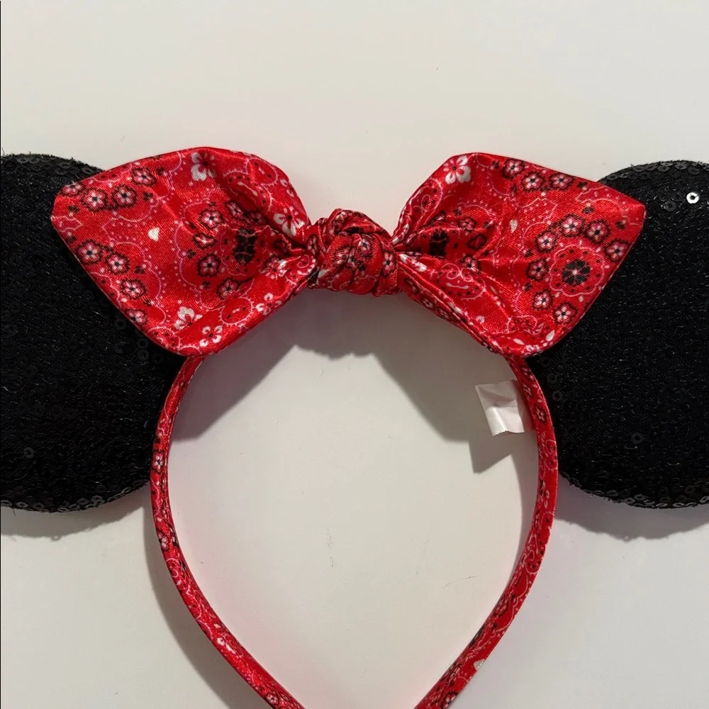 Disney Black Sequin Minnie Ears Headband with Red Bandana Bow